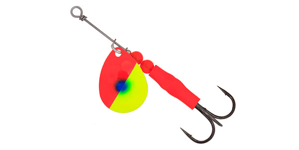 Simon 3.5 Spinner with Colorado blade. UV finishes and premium plating.  Best 3.5 Salmon Spinner ever made. Flaming Banana – Hawken Fishing